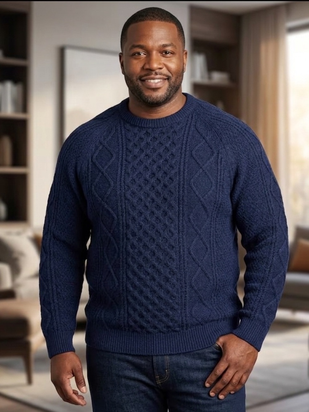 Classic Cable Knit Crewneck Sweater - Navy Blue Men’s 2XL warm work casual 1524